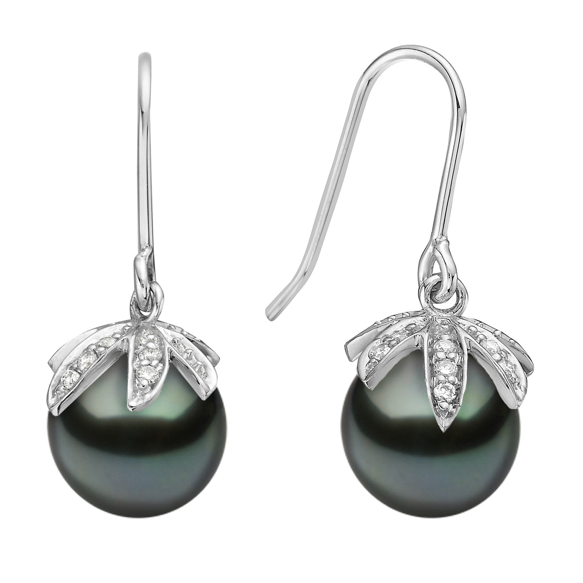 14K White Gold Tahitian Pearl Earrings, 8-9mm, 0.07ct