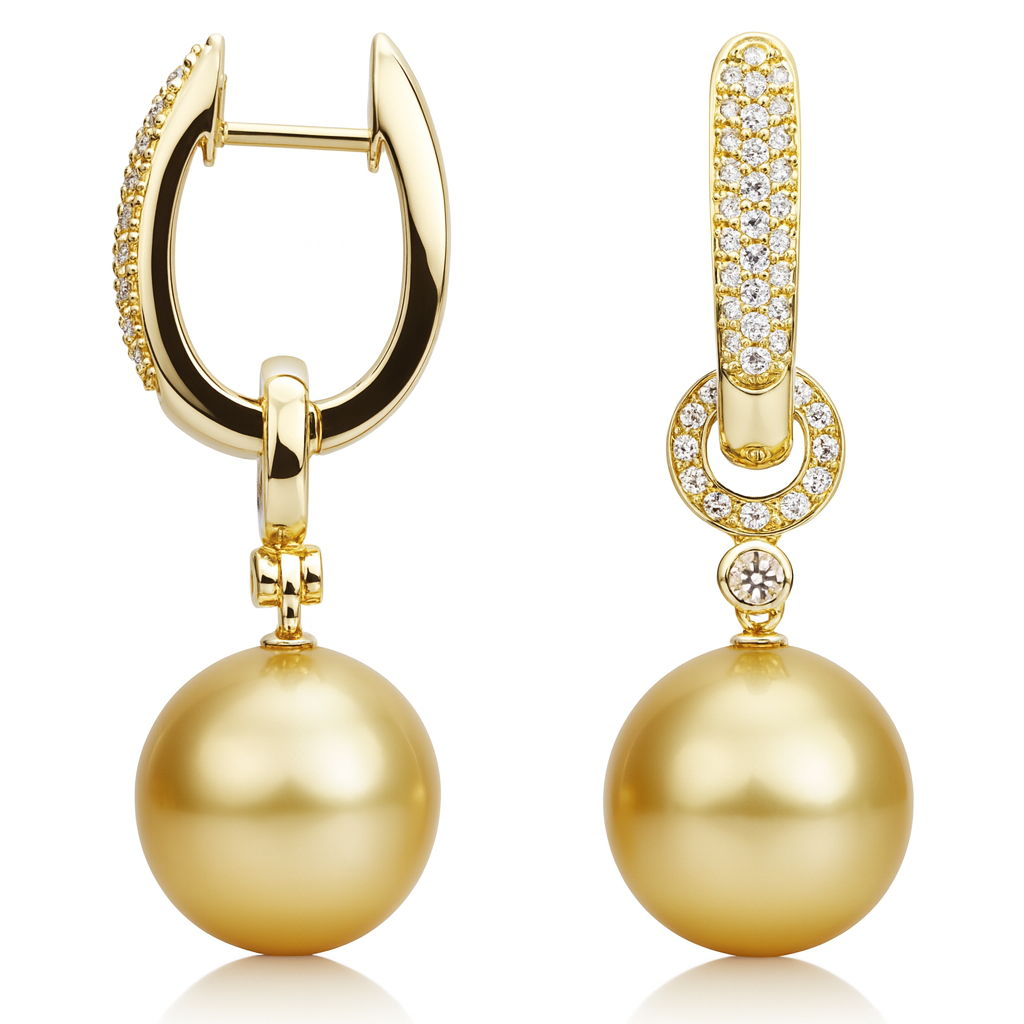 18K Yellow Gold Golden South Sea Pearl Earrings, 12-13mm, 0.53ct