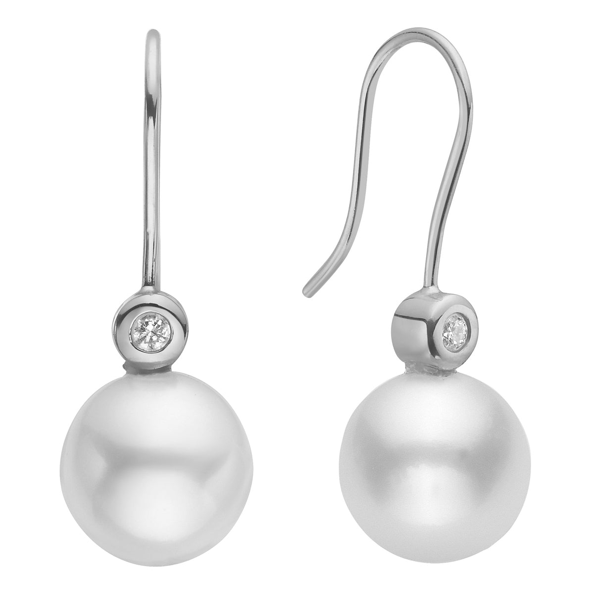 14K White Gold Freshwater Pearl and Bezel Set Diamond Hook Earrings, 9-10mm - 0.06ct
