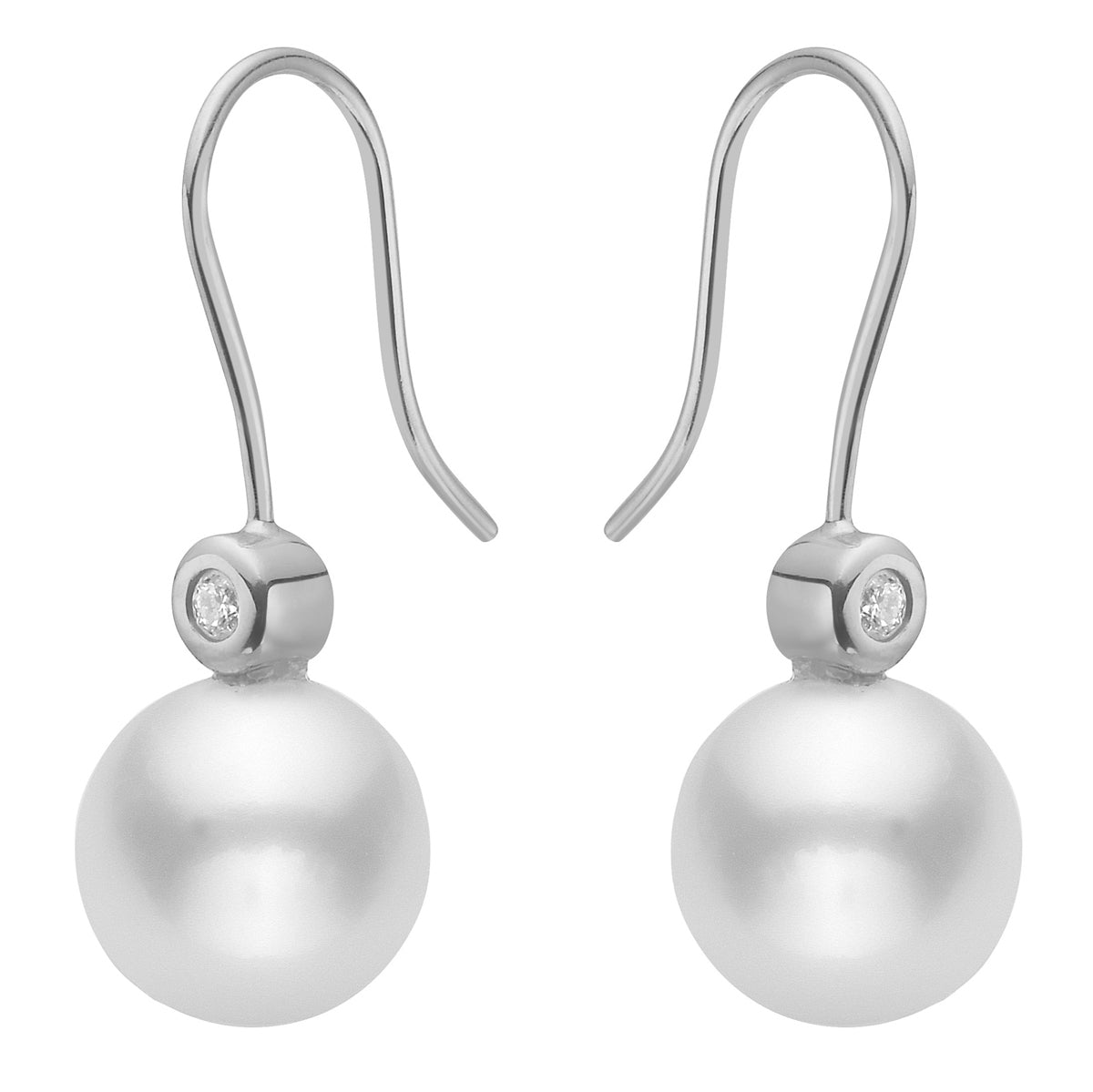 14K White Gold Freshwater Pearl and Bezel Set Diamond Hook Earrings, 9-10mm - 0.06ct