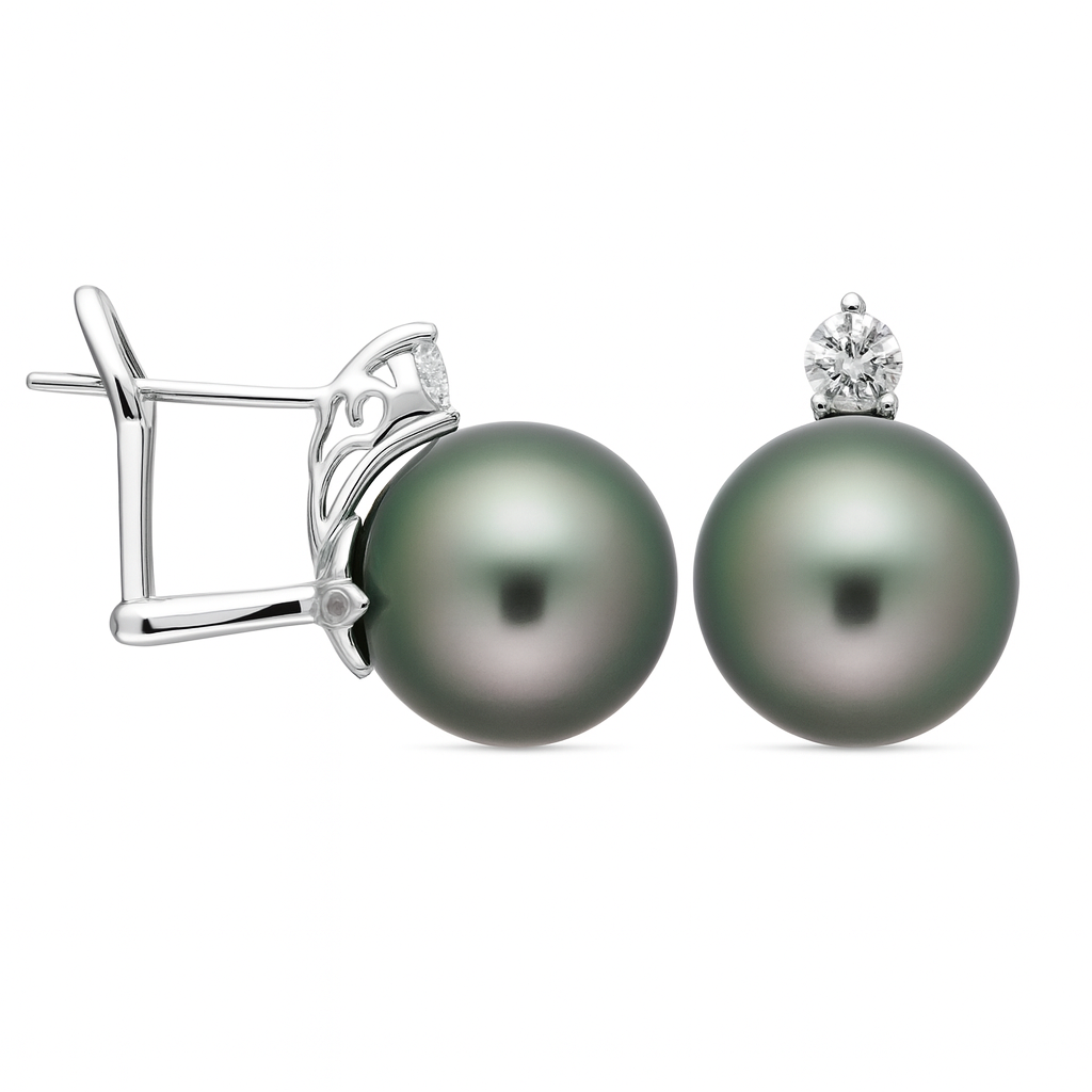 18K White Gold Tahitian Pearl Earrings, 12-13mm, 0.4ct
