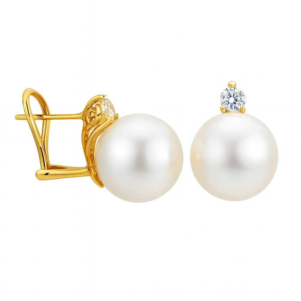 18K Yellow Gold White South Sea Pearl Earrings, 12-13mm, 0.4ct