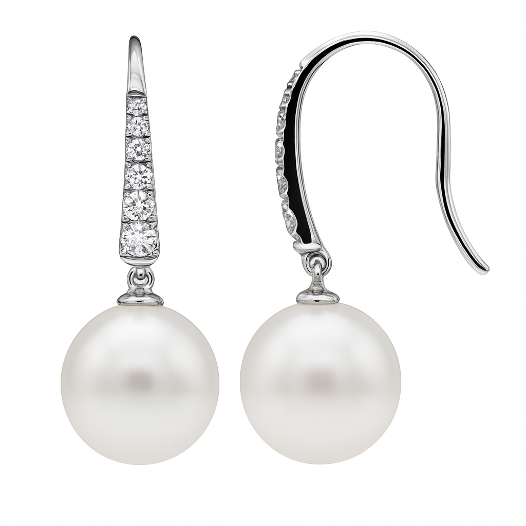 14K White Gold White South Sea Pearl Earrings, 10-11mm, 0.29ct
