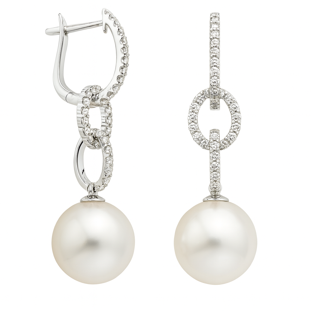 18K White Gold White South Sea Pearl Earrings, 11-12mm, 0.81ct