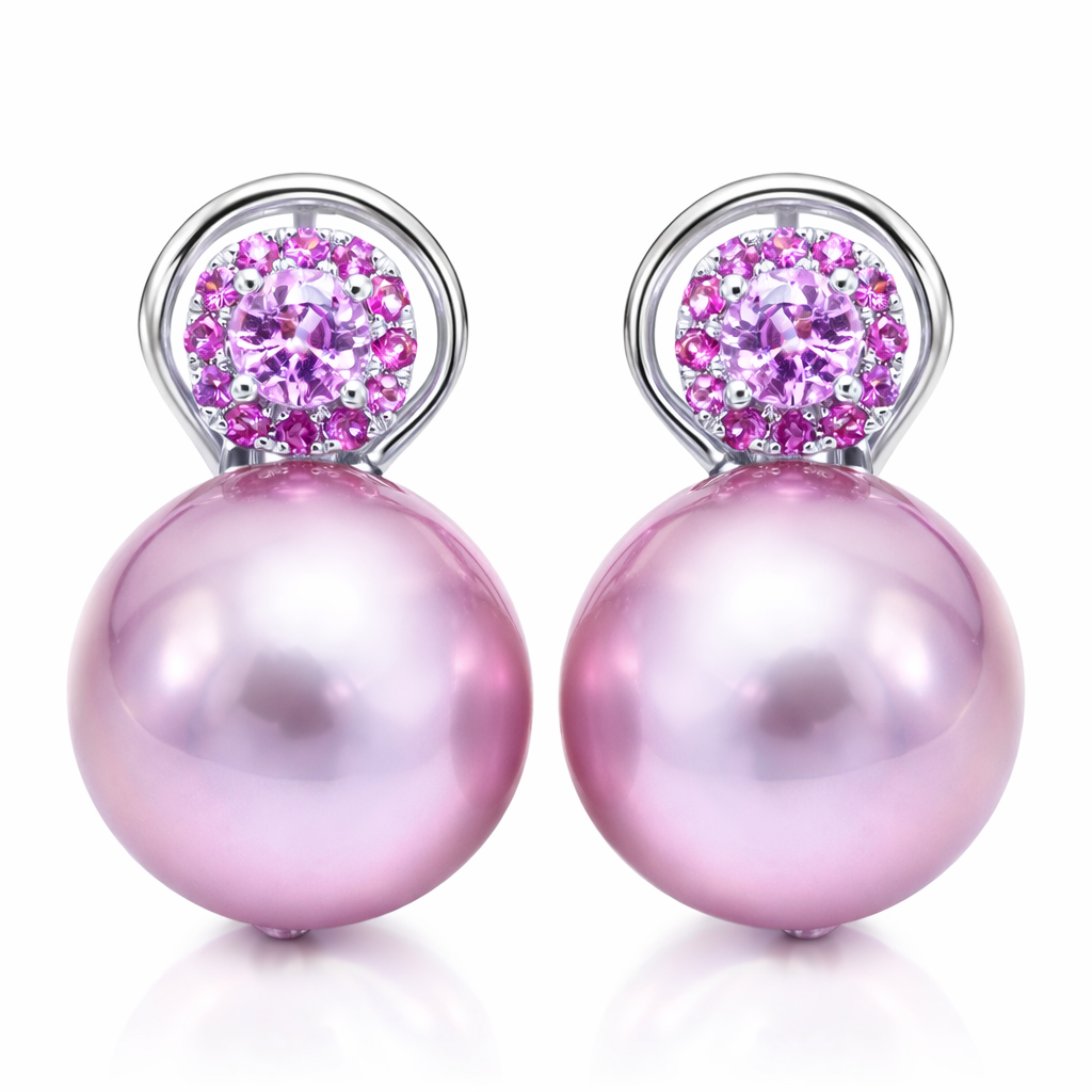 18K White Gold Freshwater Pearl Earrings, 14-15mm, 0.85ct