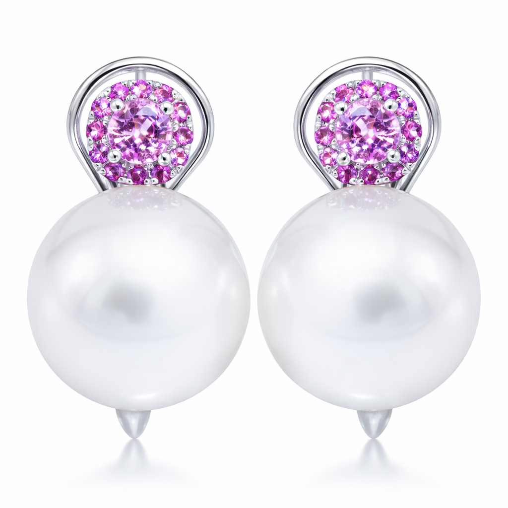 18K White Gold White South Sea Pearl Earrings, 14-15mm, 0.83ct