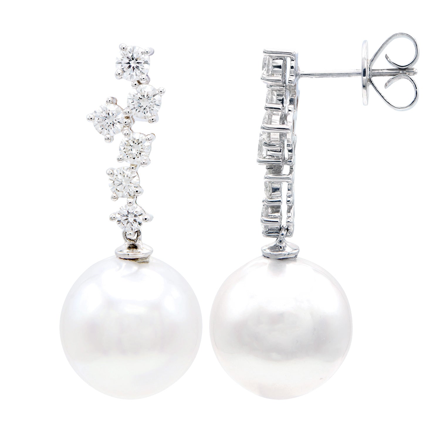 18K White Gold White South Sea Pearl Earrings, 13-14mm, 1.05ct