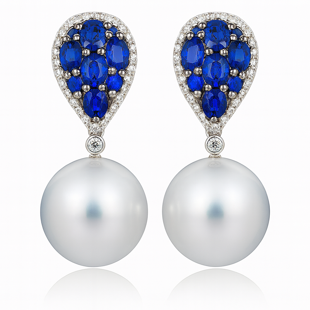 18K White Gold White South Sea Pearl Earrings, 13-14mm, 2.68ct