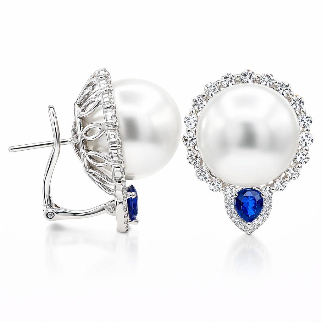 18K White Gold White South Sea Pearl Earrings, 13-14mm, 1.42ct