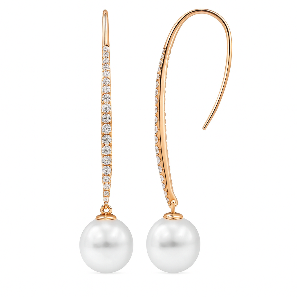 18K Rose Gold White South Sea Pearl Earrings, 10-11mm, 0.56ct