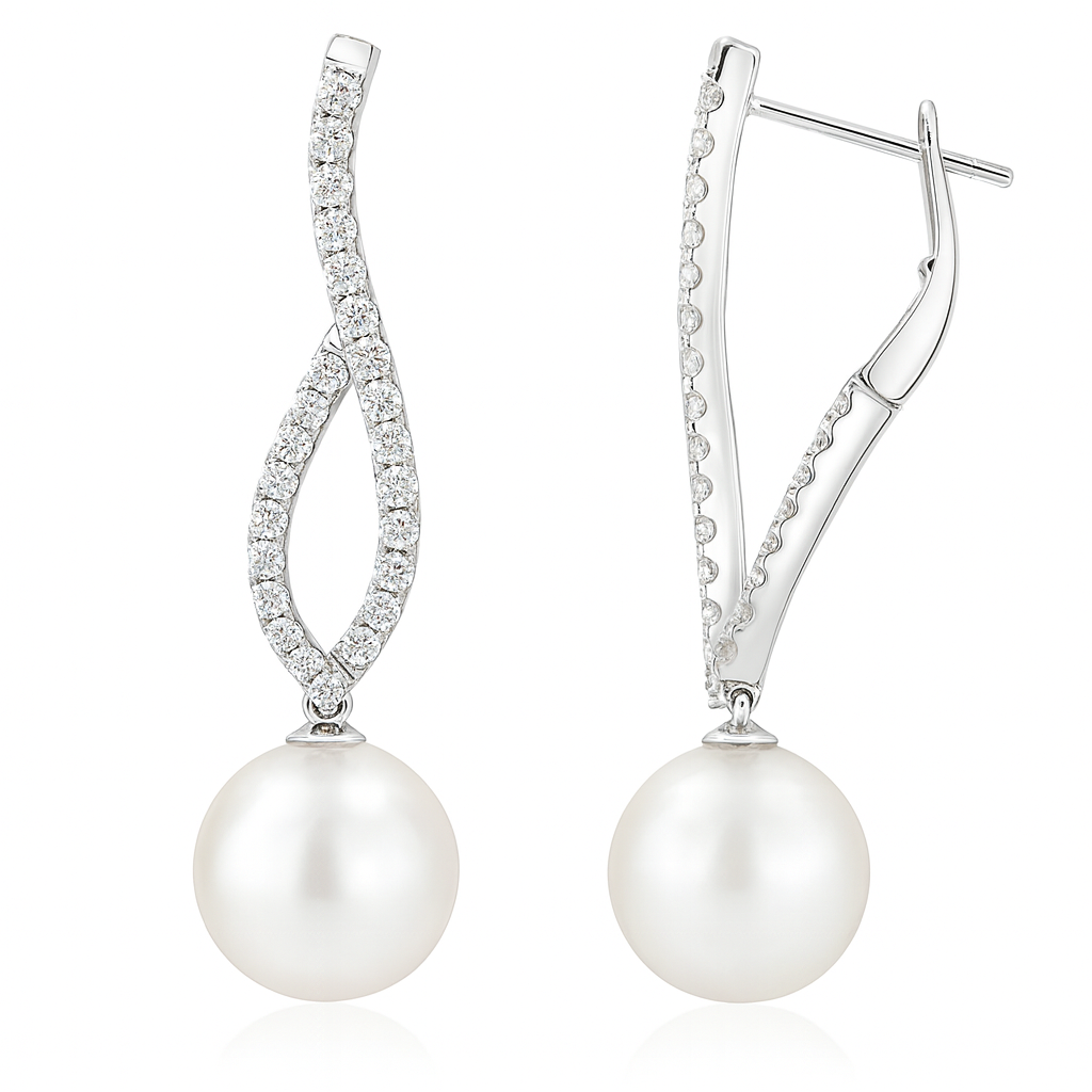 18K White Gold South Sea Pearl Earrings, 10-11mm, 0.73ct