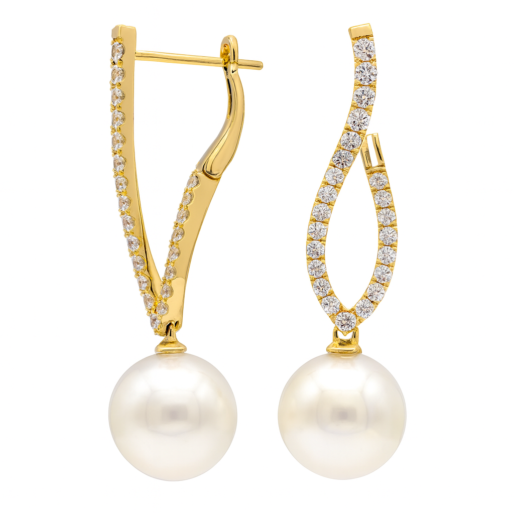 18K Yellow Gold White South Sea Pearl Earrings, 10-11mm, 0.73ct