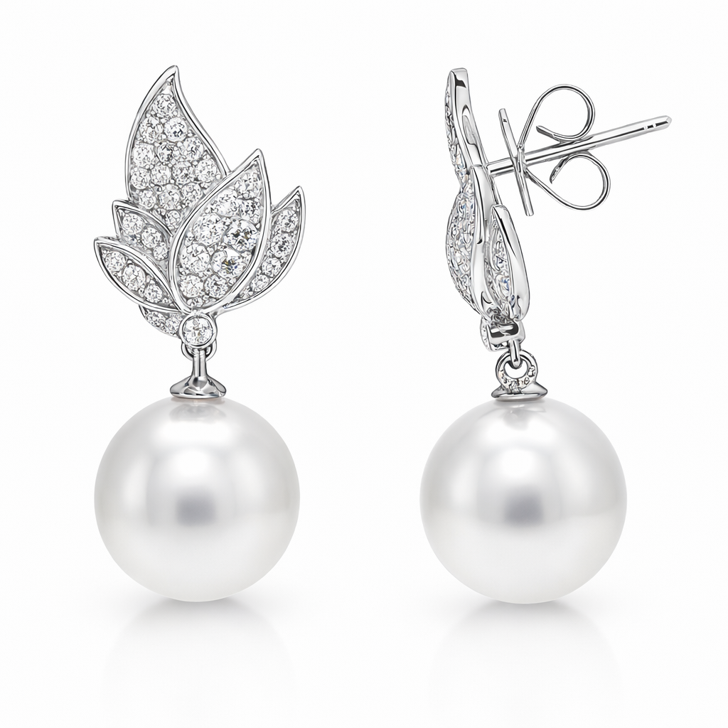 18K White Gold White South Sea Pearl Earrings, 11-12mm, 0.63ct