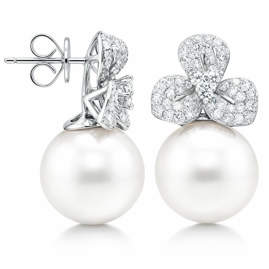 18K White Gold White South Sea Pearl Earrings, 13-14mm, 0.88ct