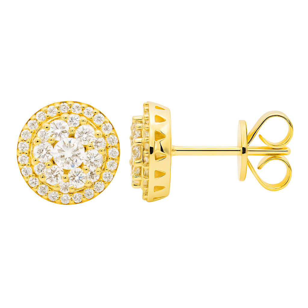 14K Yellow Gold Diamond Cluster Halo Earrings, 0.86ct