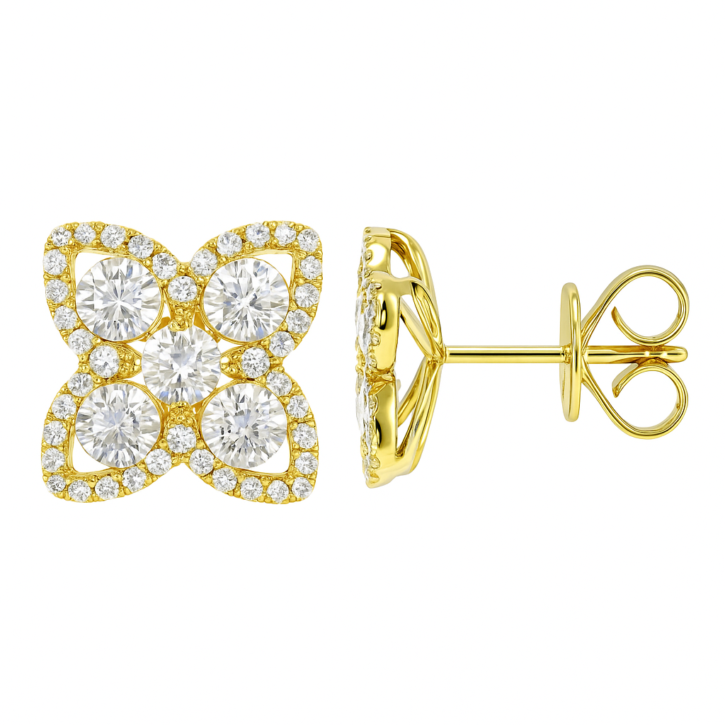 14K Yellow Gold Diamond Open Flower Stud, 0.9ct