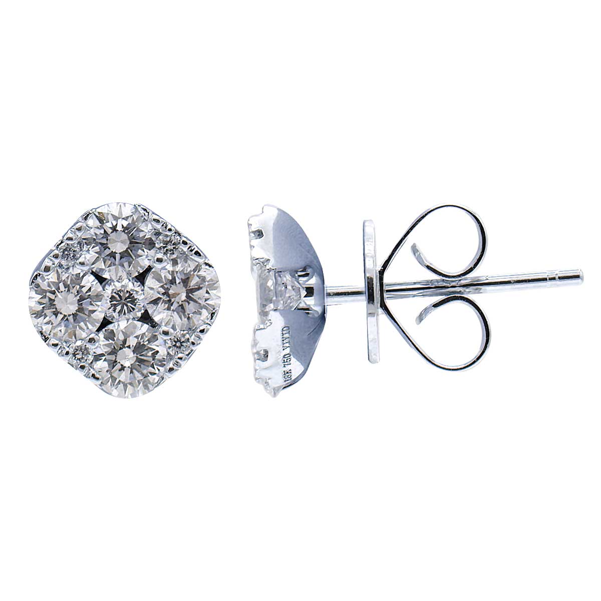 14K White Gold Cushion Cluster Diamond Studs, 1.12ct