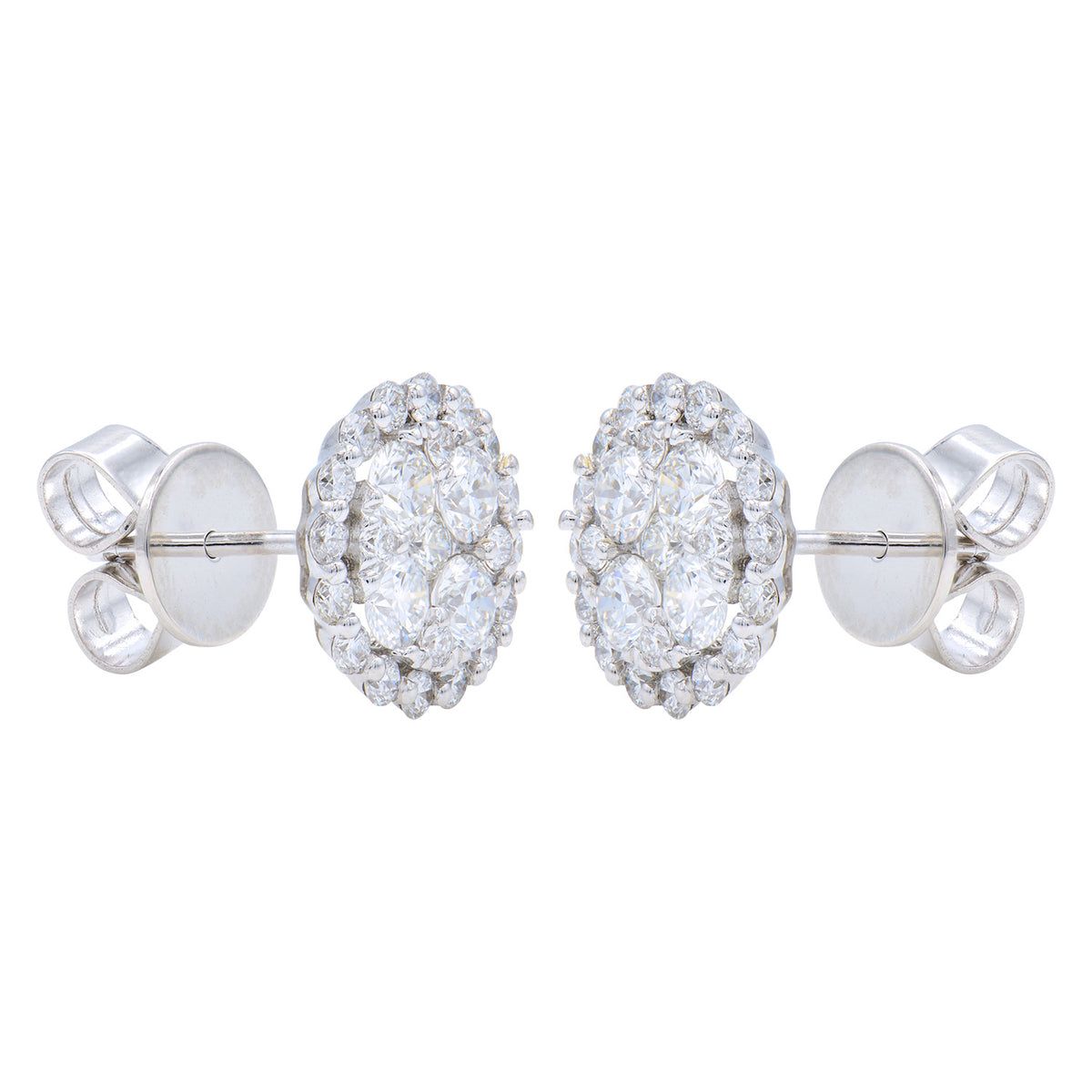 14K White Gold Lace Cluster Diamond Studs, 1.38ct