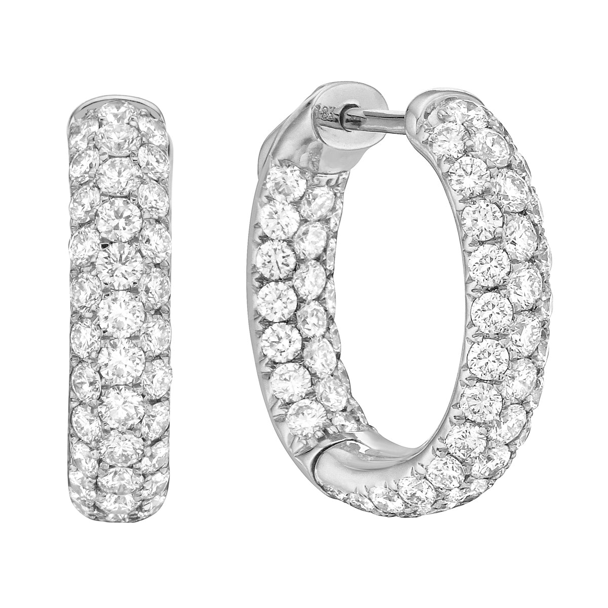 14K White Gold Inside and Out Diamond Hoop Earrings, 2.95ct