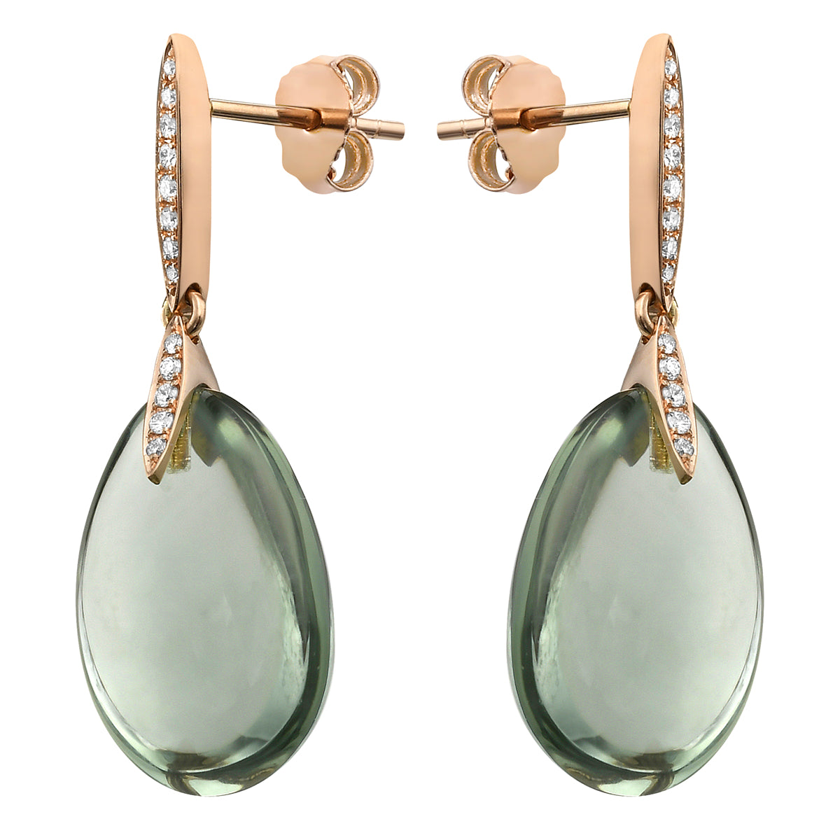 18K Rose Gold Green Amethyst Earrings, 20.62ct