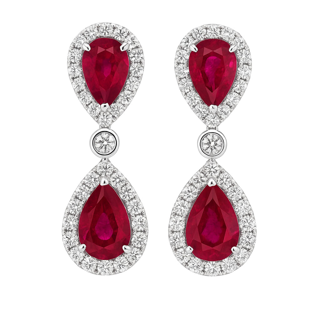 Handmade 18K White Gold Ruby Drop Earrings, 2.97ct
