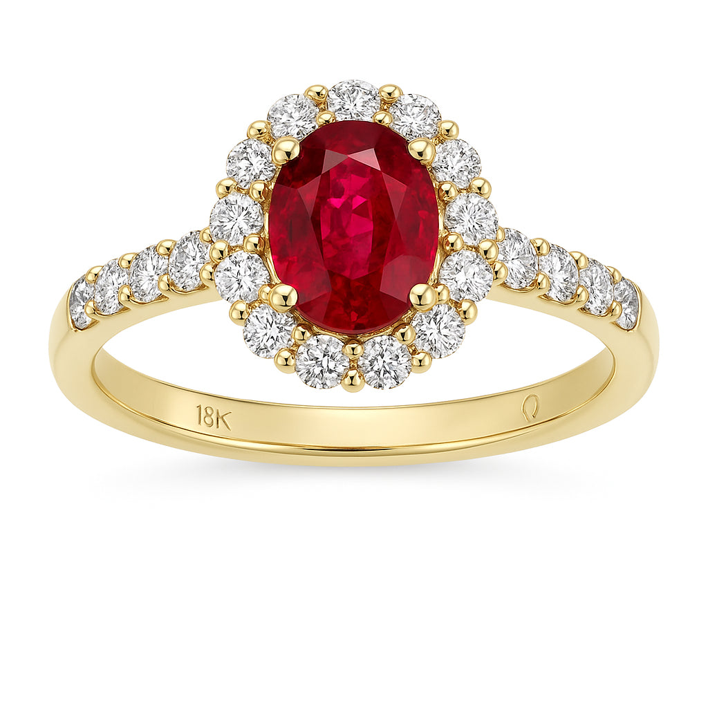 Handmade 18K Yellow Gold Ruby Ring Ruby Halo, 0.98ct
