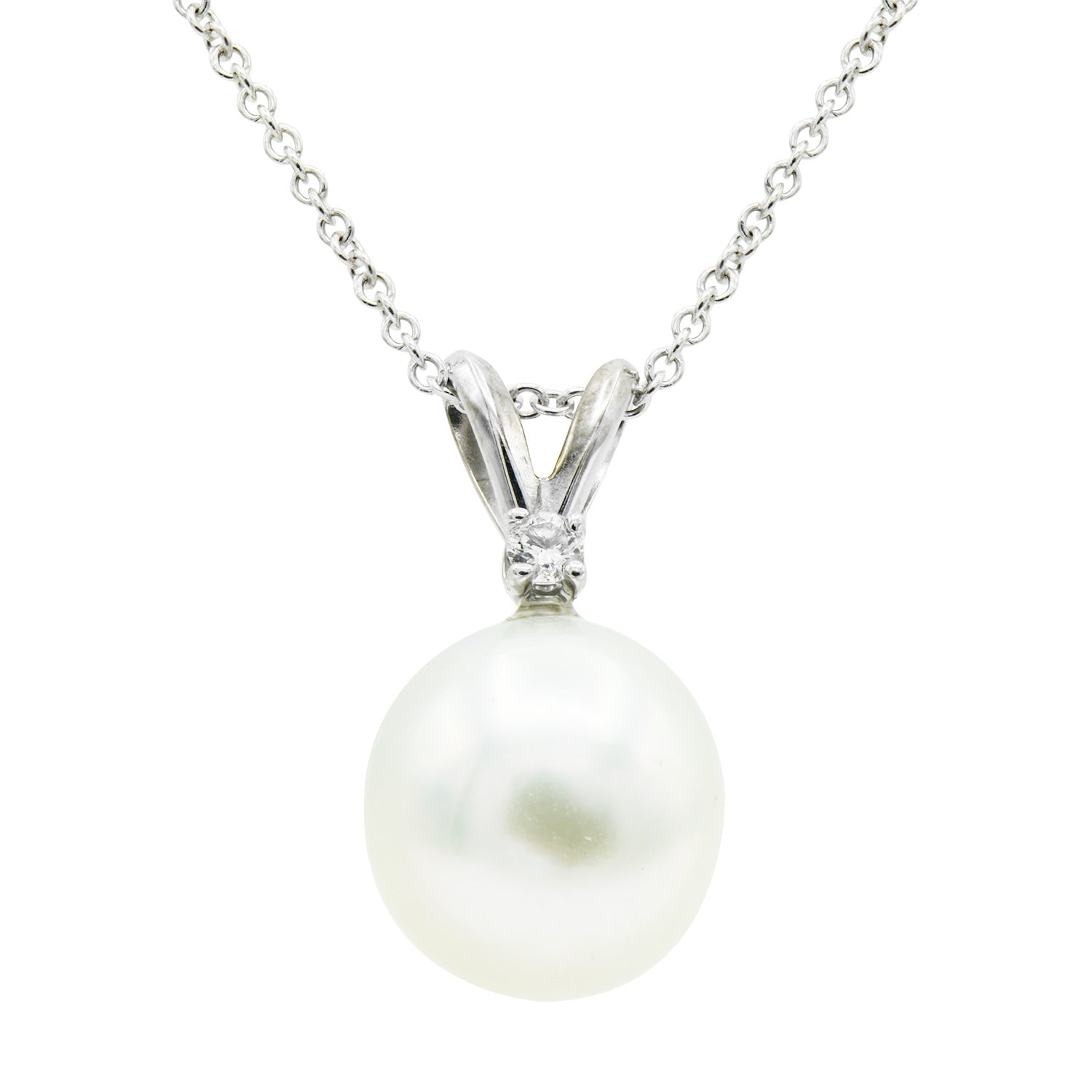 14K White Gold White South Sea Pearl Pendant, 9-10mm, 0.05ct