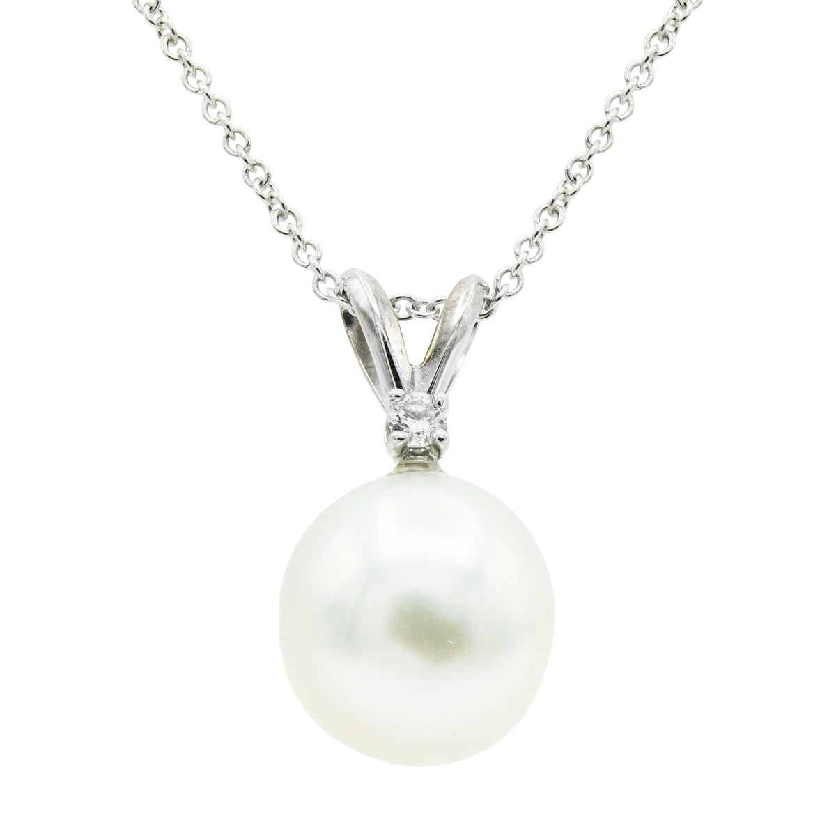 14K White Gold White South Sea Pearl Pendant, 9-10mm, 0.05ct