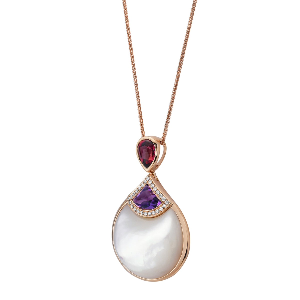 18K Rose Gold Amethyst Mother of Pearl Pendant, 10.64mm, 1.33ct