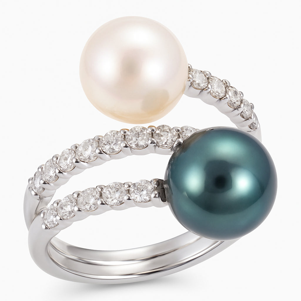 18K White Gold South Sea & Tahitian Pear Spiral Diamond Ring, 9-10mm