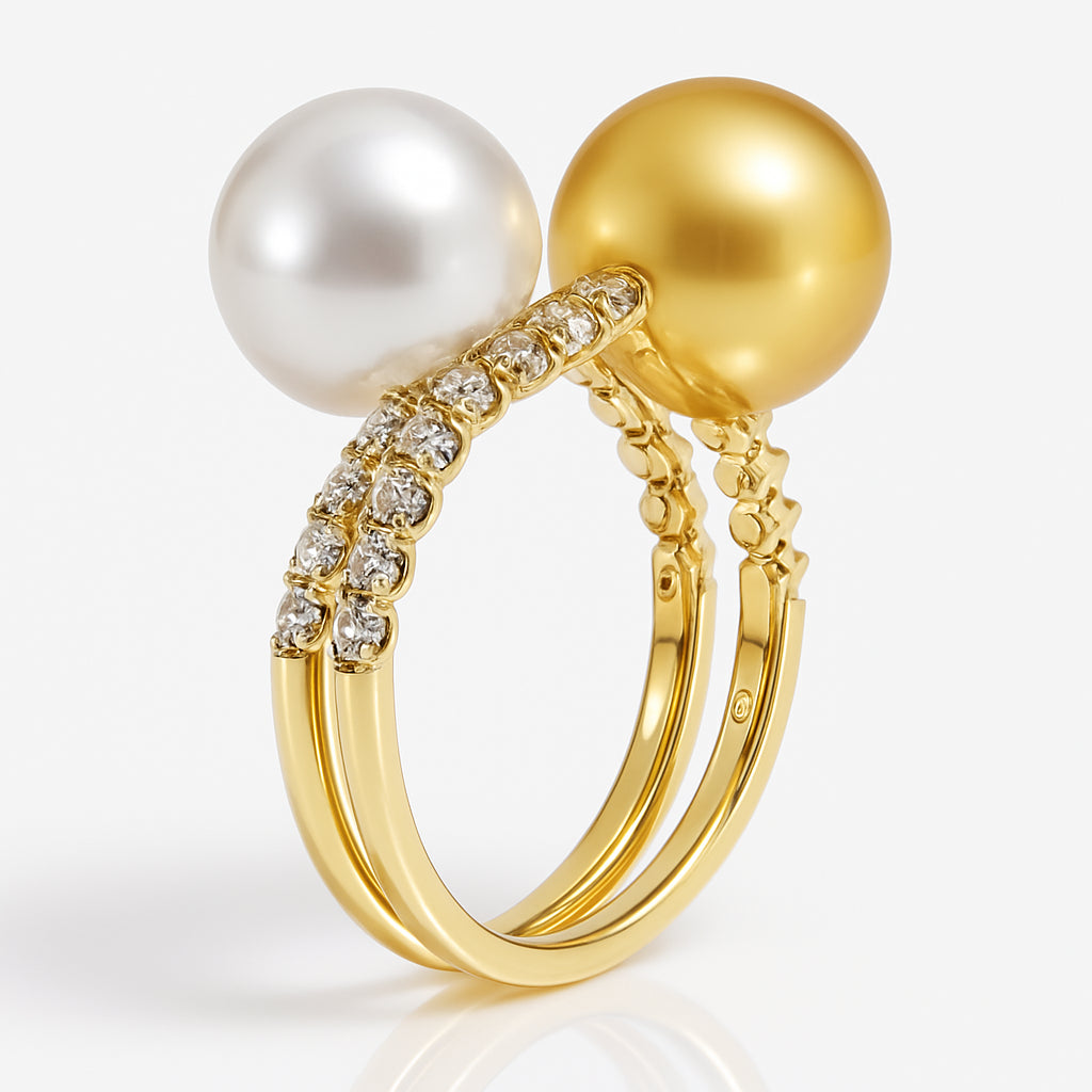 18K Yellow Gold White & Golden South Sea Pearl Spiral Diamond Ring, 9-10mm