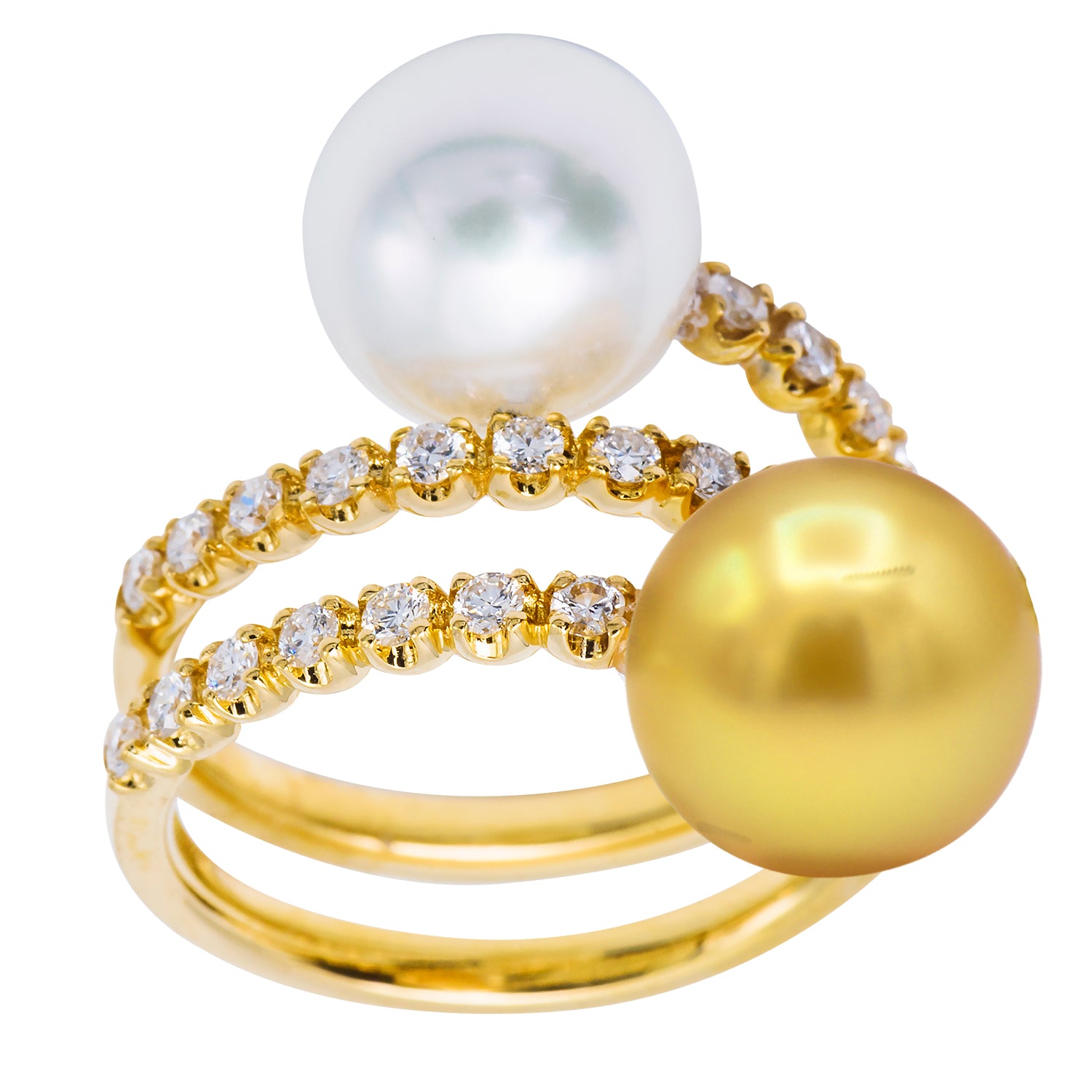 18K Yellow Gold White & Golden South Sea Pearl Spiral Diamond Ring, 9-10mm