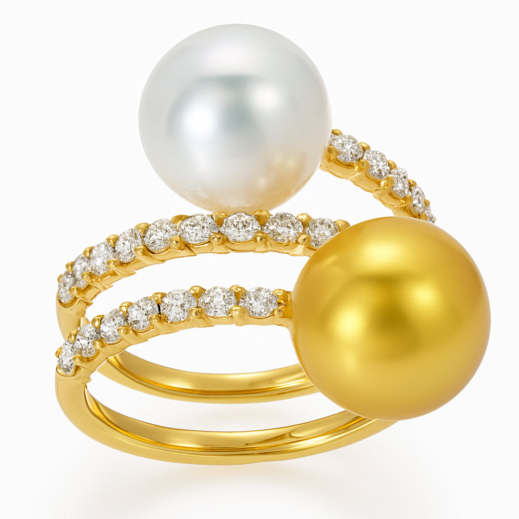 18K Yellow Gold White & Golden South Sea Pearl Spiral Diamond Ring, 9-10mm