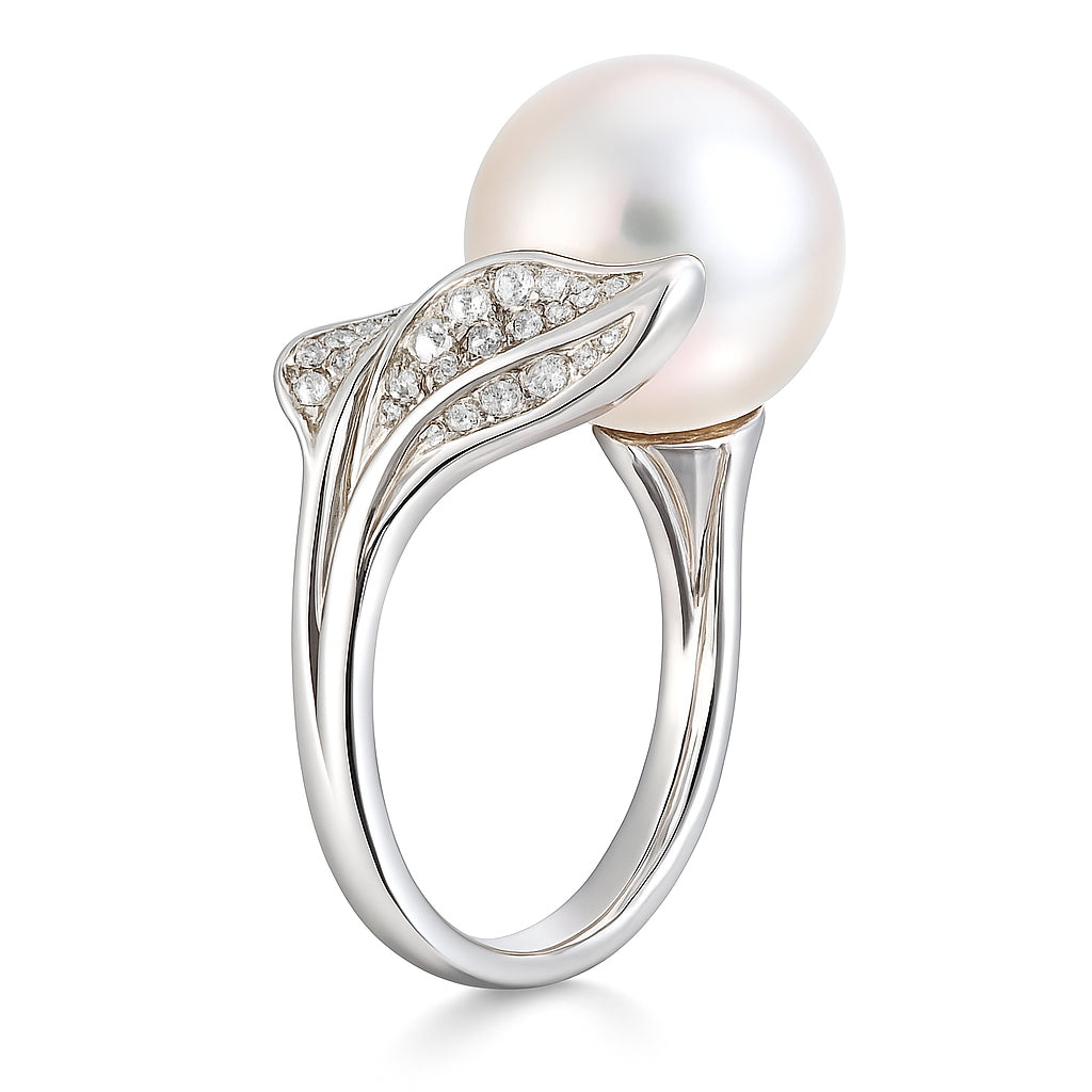 18K White Gold South Sea Pearl and Diamond Petal Ring, 0.27ct