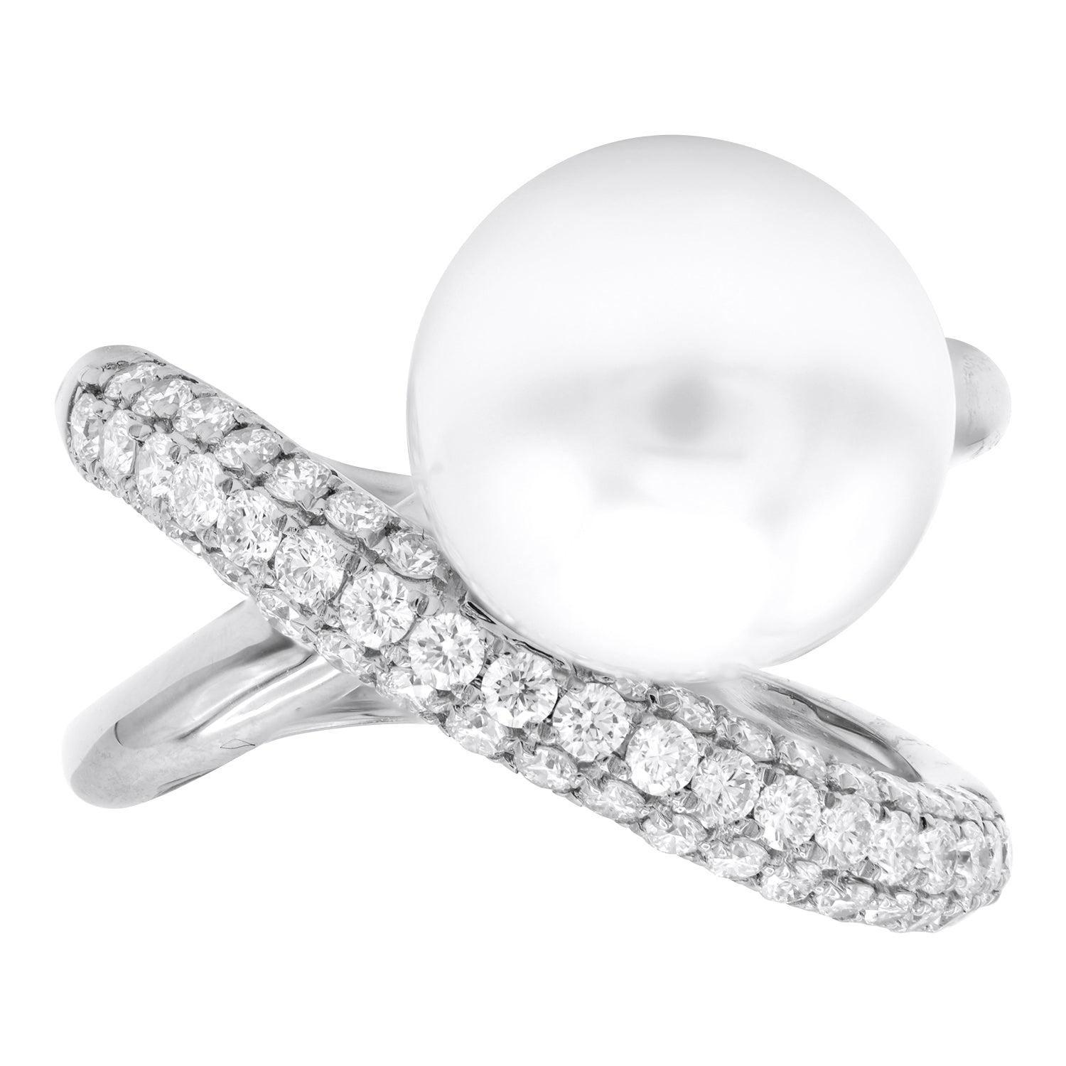 18K White Gold South Sea Pearl and Diamond Crossover Ring
