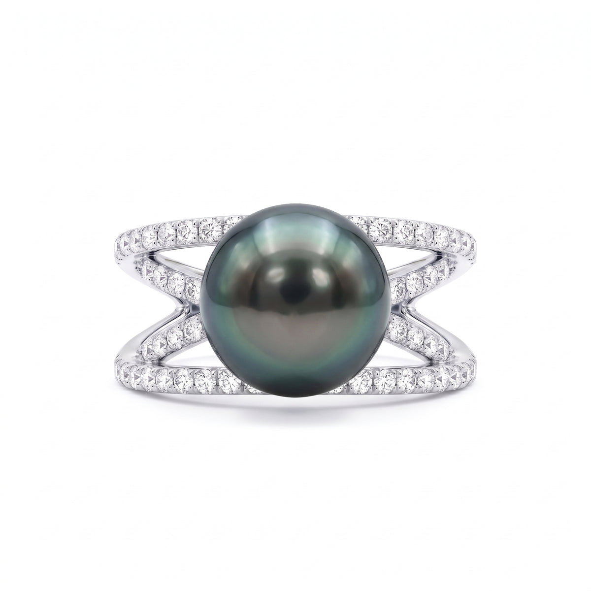 14K White Gold Tahitian Pearl Ring, 10-11mm, 0.58ct