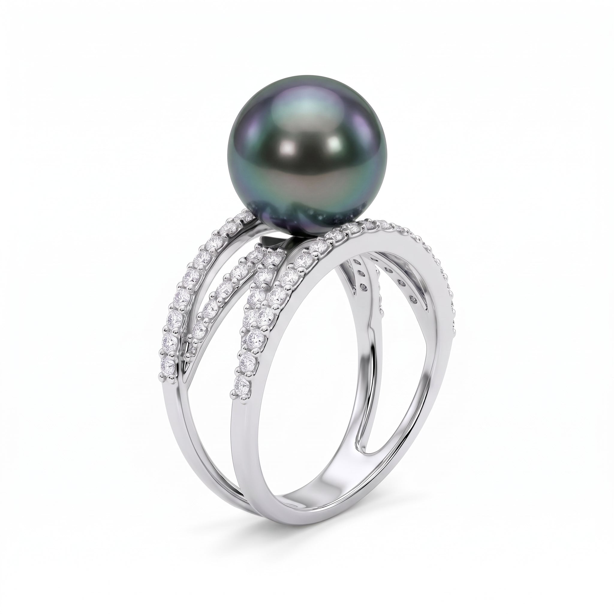 14K White Gold Tahitian Pearl Ring, 10-11mm, 0.58ct