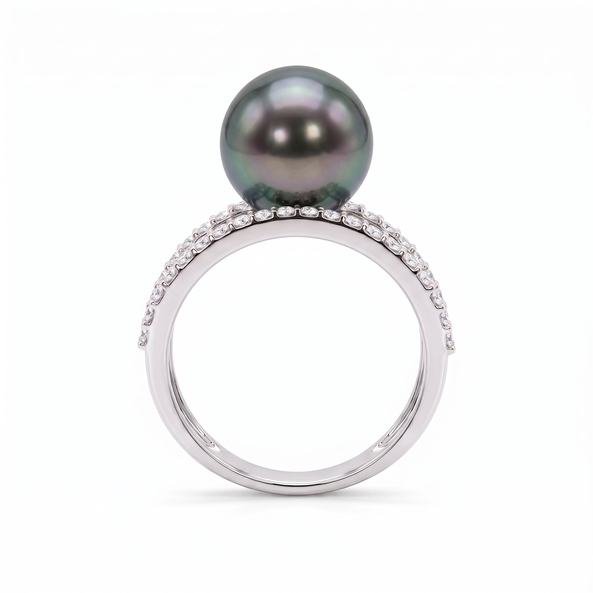 14K White Gold Tahitian Pearl Ring, 10-11mm, 0.58ct