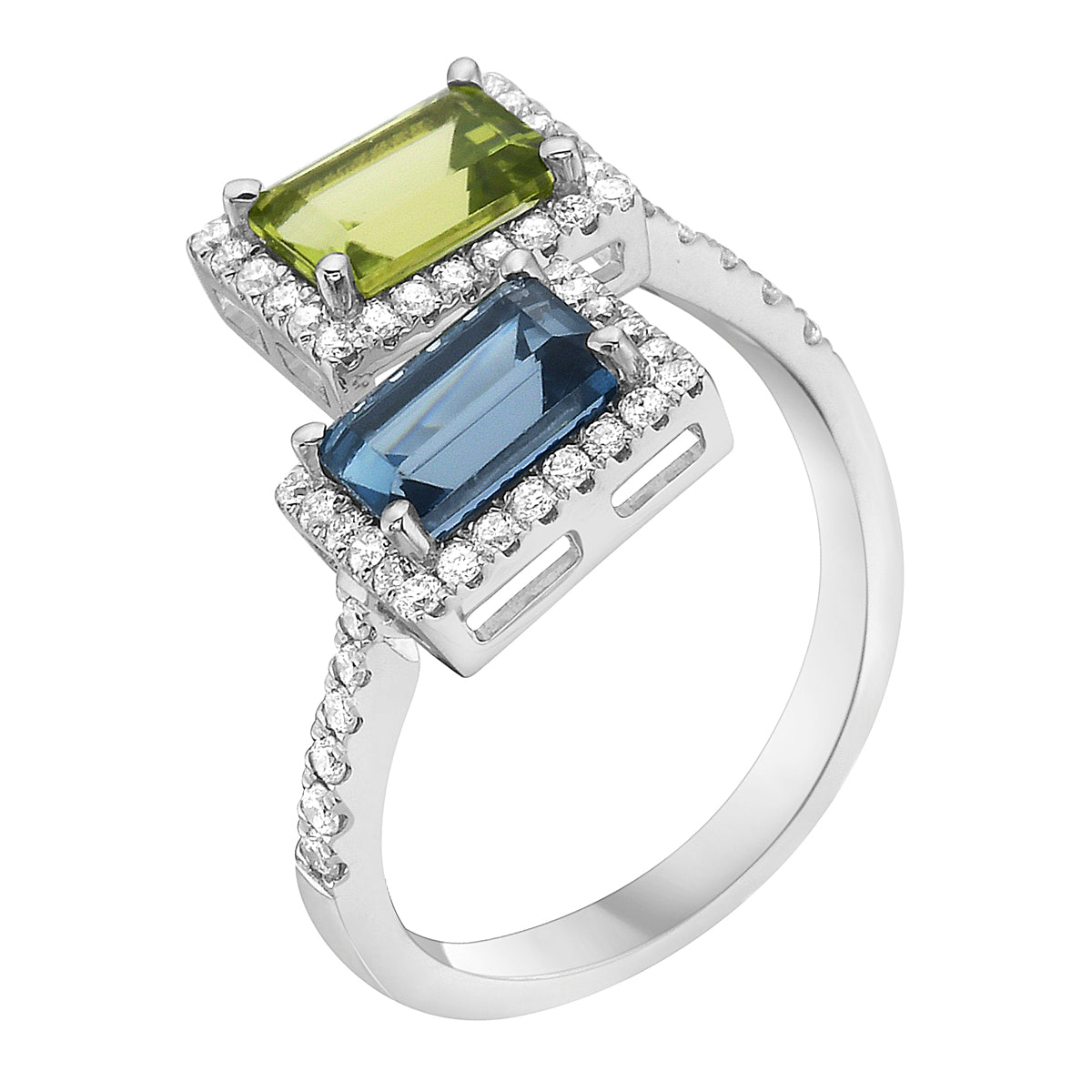 14K White Gold London Blue Topaz Peridot Ring, 2.45ct
