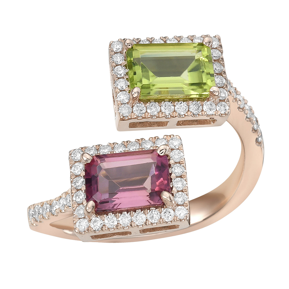 14K Rose Gold Pink Tourmaline Peridot Ring, 2.05ct