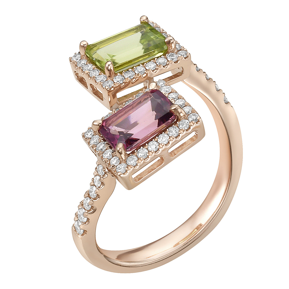14K Rose Gold Pink Tourmaline Peridot Ring, 2.05ct