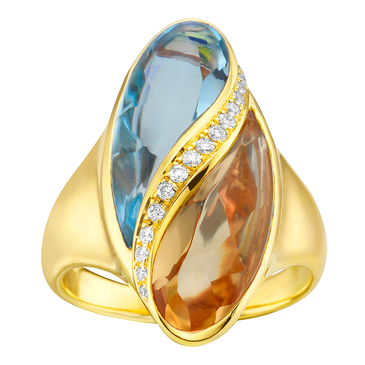18K Yellow Gold Blue Topaz and Citrine Ring, 8.36ct