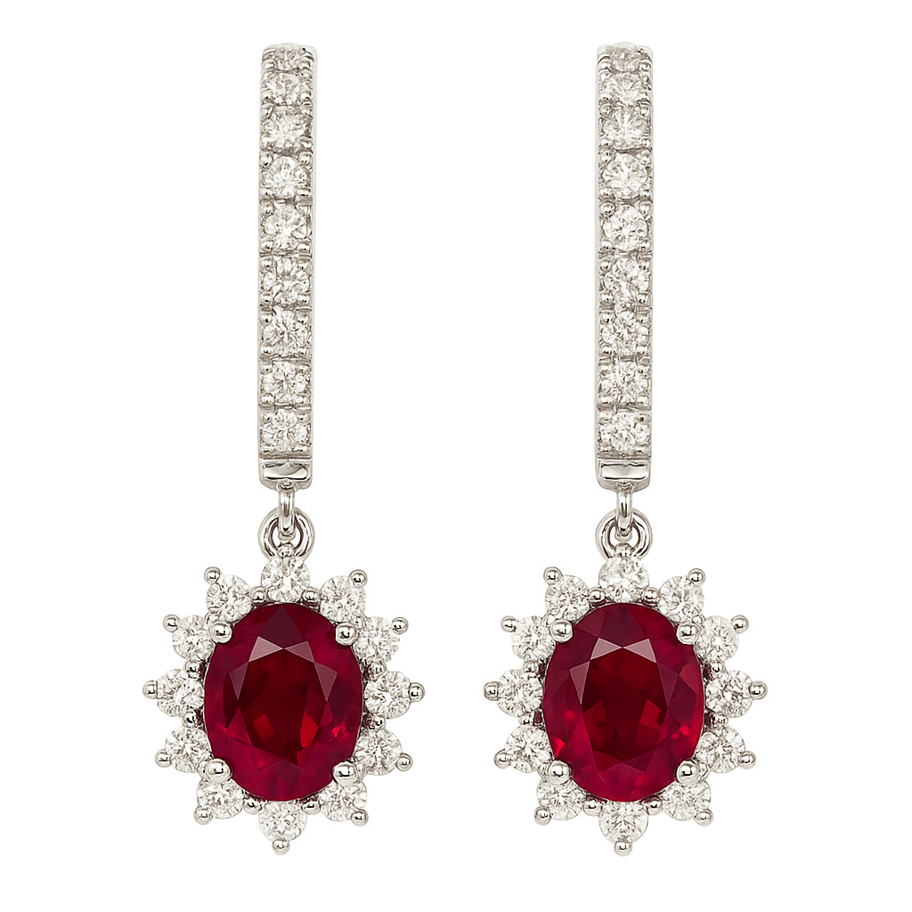 Handmade 18K White Gold Ruby Halo Earrings, 2.19ct