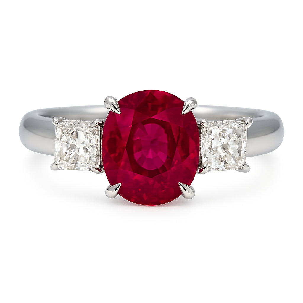 Handmade 18K White Gold Ruby Ring, 3 Stone, 1.92ct