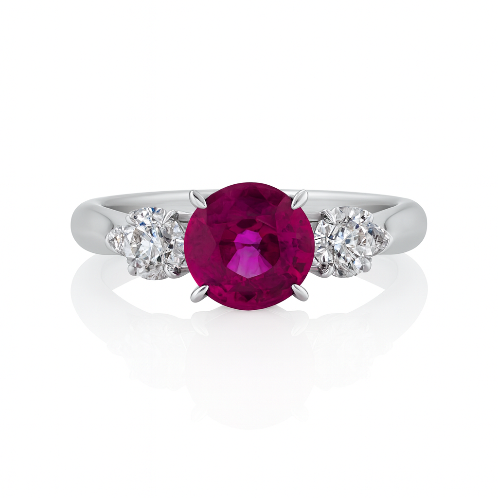 Handmade 18K White Gold Ruby Ring, 3 Stone, 8-9mm, 1.11ct