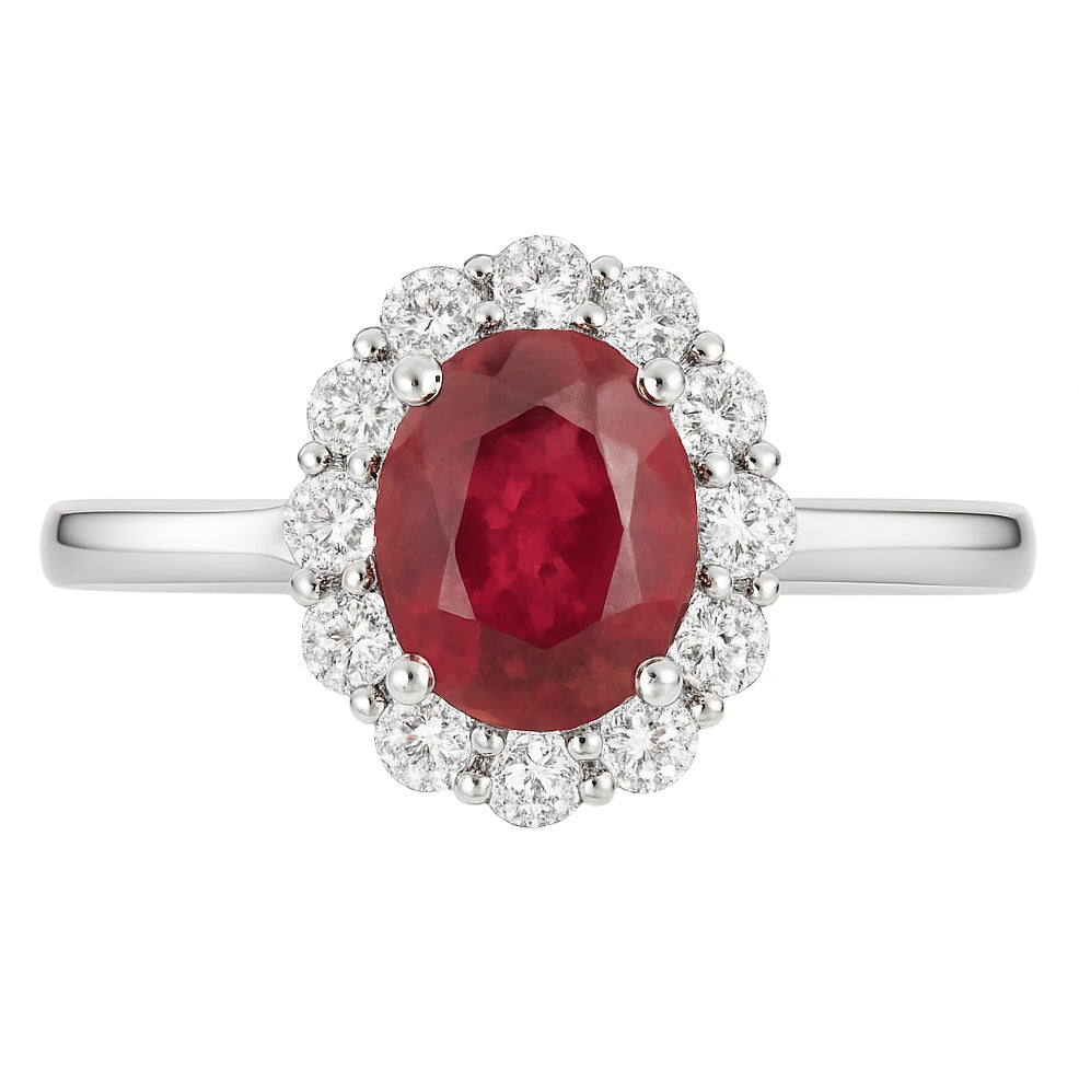 Handmade 18K White Gold Ruby Halo Ring, 1.1ct