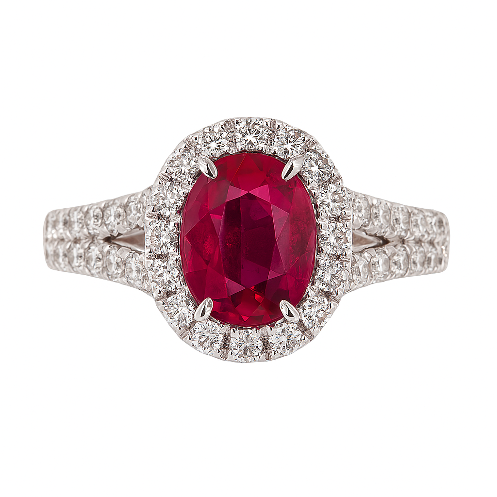 Handmade 18K White Gold Ruby Halo Ring, 1.54ct
