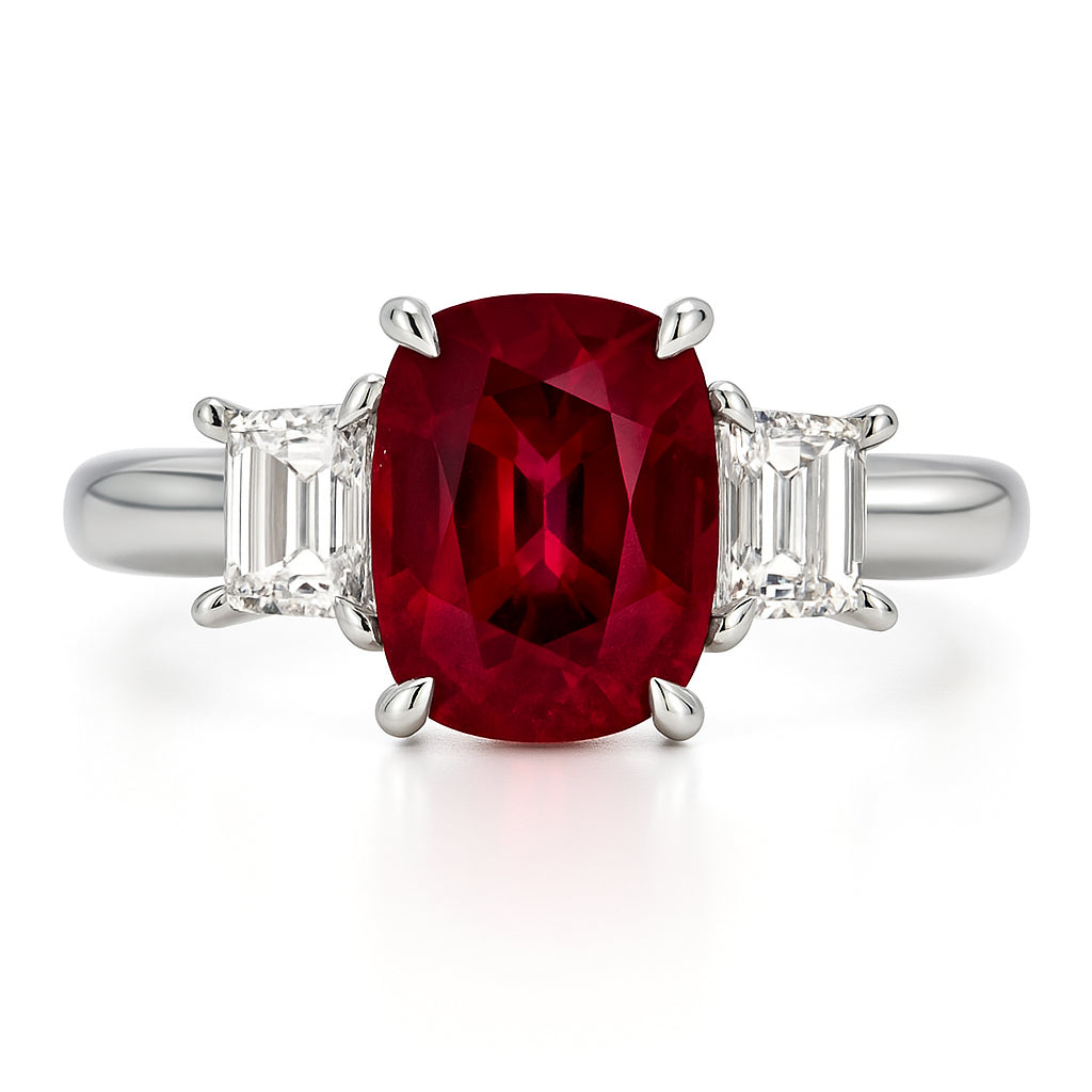 Handmade 18K White Gold Ruby 3 Stone Ring, 2.01ct