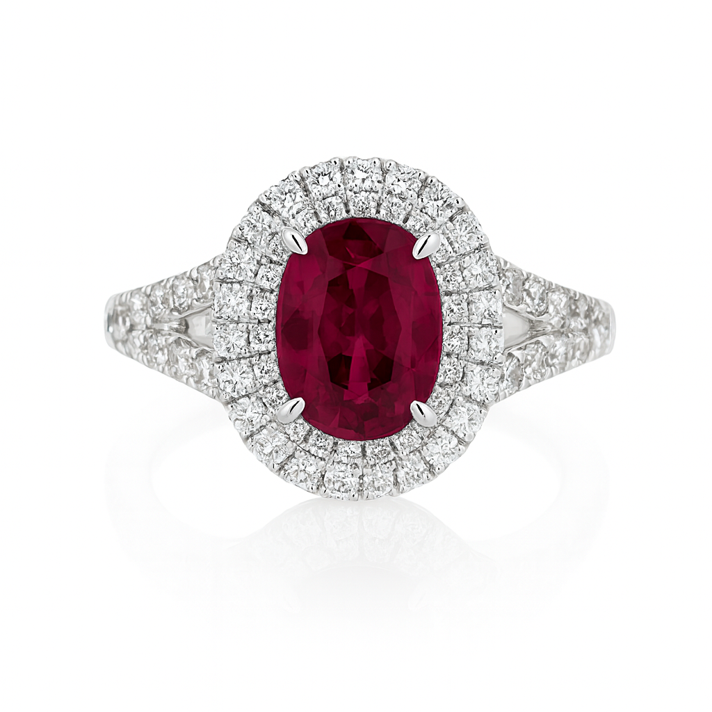 Handmade 18K White Gold Ruby Double Halo Ring, 1.14ct