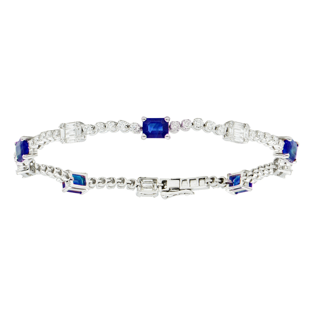 14K White Gold Emerald Cut Sapphire and Diamond Bracelet, 2.25ct